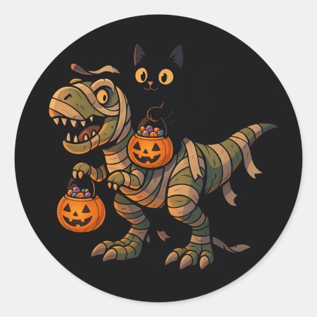 Black Cat Riding Mummy T-Rex - Niedliches Hallowee Runder Aufkleber (Vorderseite)