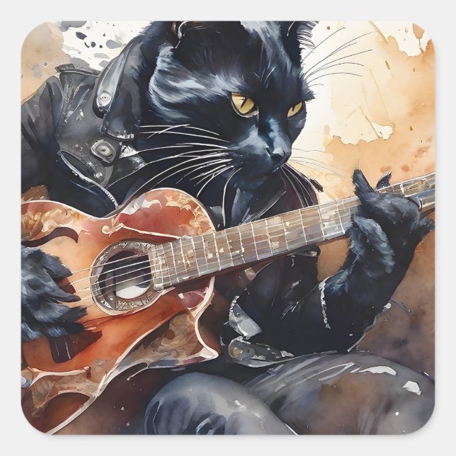 Black Cat Rock Star Gitarre Leather Jacket Quadratischer Aufkleber (Vorderseite)