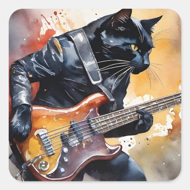 Black Cat Rock Star Leather Jacket Gitarre spielen Quadratischer Aufkleber (Vorderseite)
