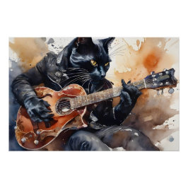 Black Cat Rock Star Playing Guitar Leather Jacket  Poster