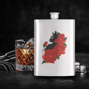Black Cat Rote Rosen Lila Flachmann