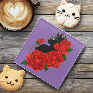 Black Cat Rote Rosen Lila Glasuntersetzer