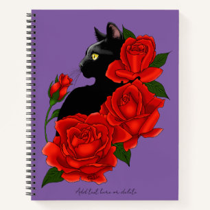 Black Cat Rote Rosen Lila Notizbuch