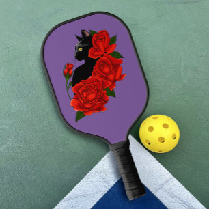 Black Cat Rote Rosen Lila Pickleball Schläger