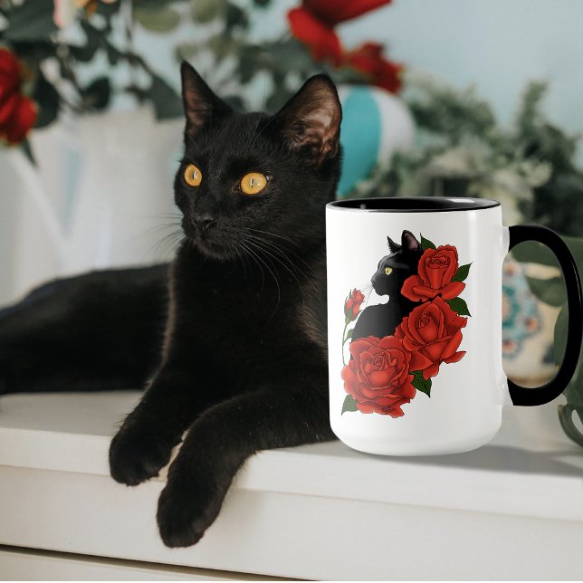 Black Cat Rote Rosen Tasse (Von Creator hochgeladen)