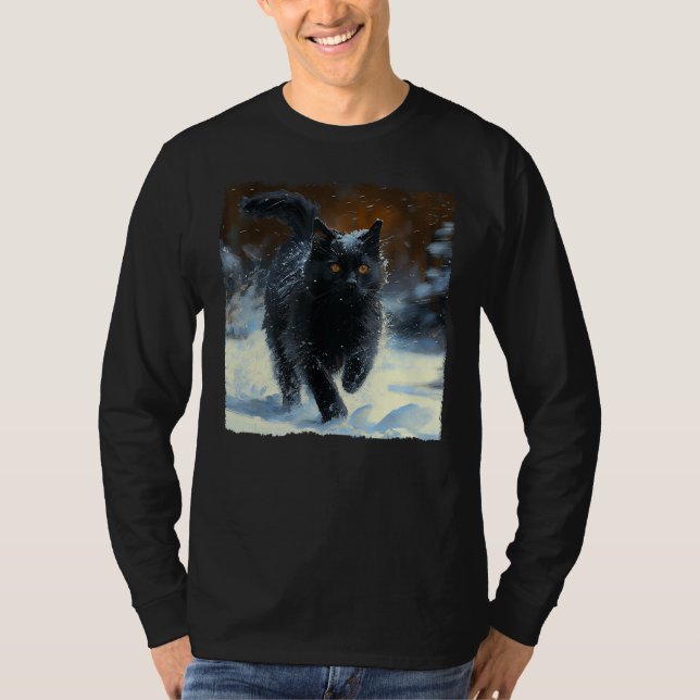 Black Cat Running Snow T-Shirt (Vorderseite)