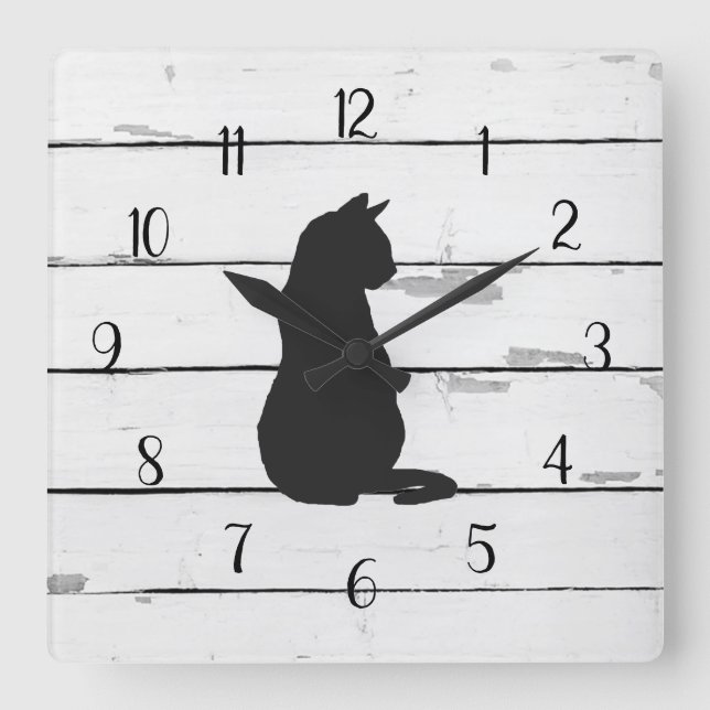 Black Cat Rustic Shiplap Bauerndekor Quadratische Wanduhr (Vorderseite)