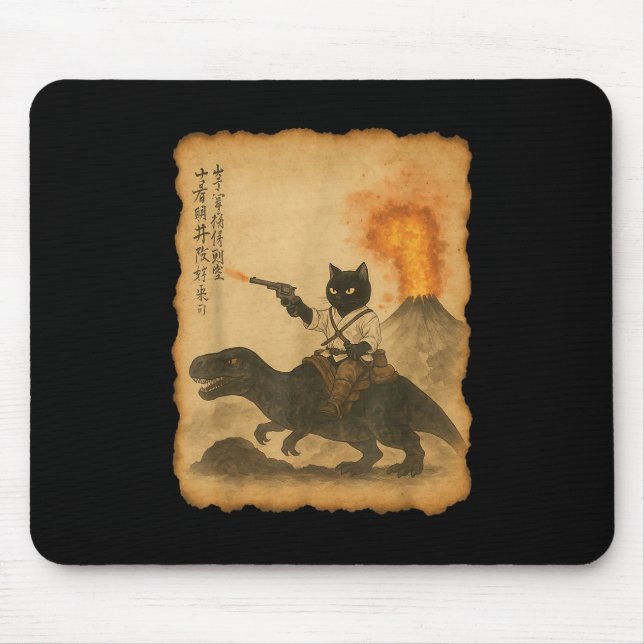 Black Cat Samurai Riding Dinosaurier Vulkanausbruc Mousepad (Vorne)