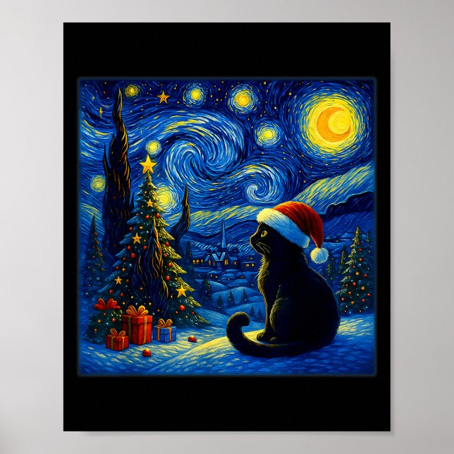Black Cat Santa Hat Van Gogh Starry Night Christma Poster (Vorne)
