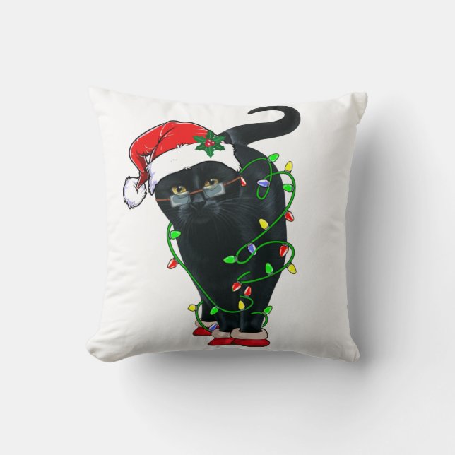 Black Cat Santa Tangled Up In Christmas Lights Kissen (Vorderseite)