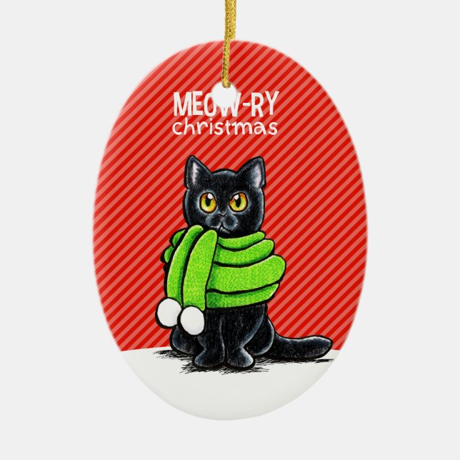 Black Cat Scarf Meow-ry Weihnachten Keramik Ornament (Vorne)