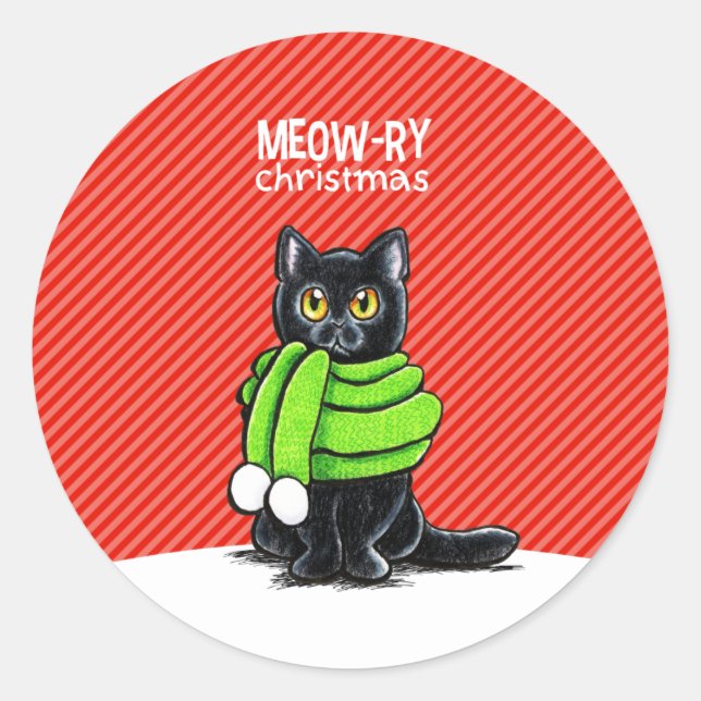 Black Cat Scarf Meow-ry Weihnachten Runder Aufkleber (Vorderseite)