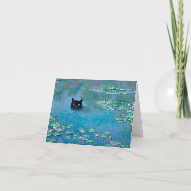 Black Cat Schwimmen in Water Lilies Decoupage Card Karte (Vorderseite)