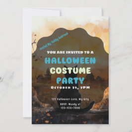 Black Cat Setting Sun Autumn Halloween Einladung