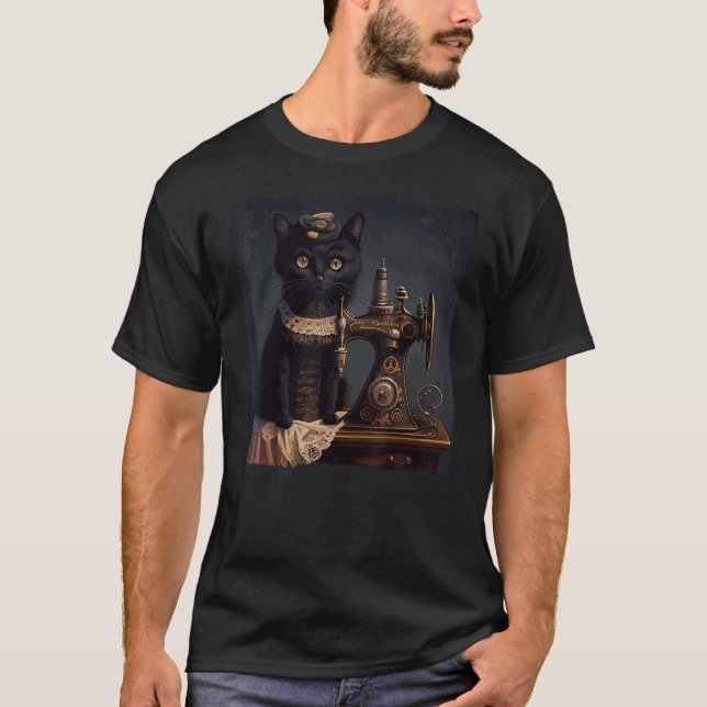 Black Cat Sewing Steampunk T-Shirt (Vorderseite)