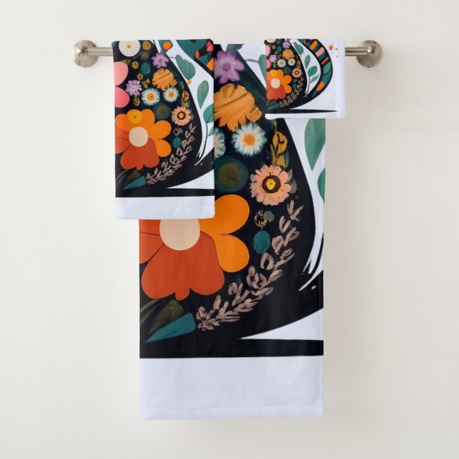 Black Cat Silhouette aus farbigen Blume Badhandtuch Set (Insitu)