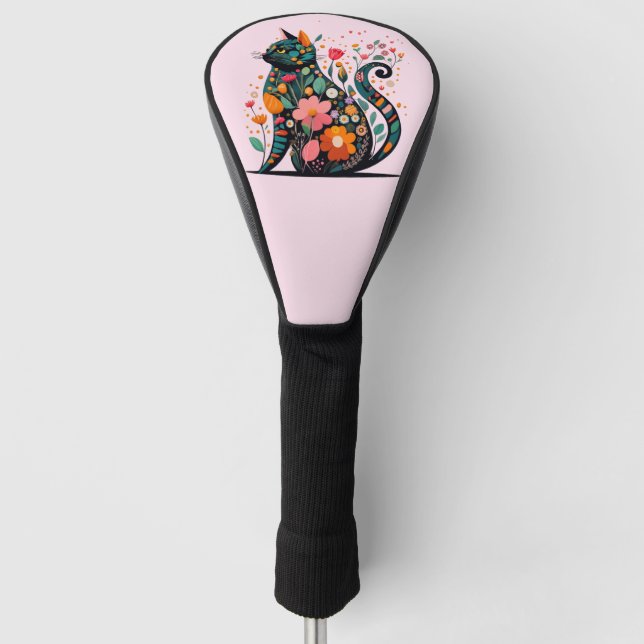 Black Cat Silhouette aus farbigen Blume Golf Headcover (Vorderseite)