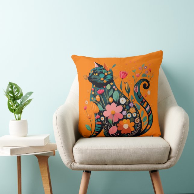 Black Cat Silhouette aus farbigen Blume Kissen (Stuhl )