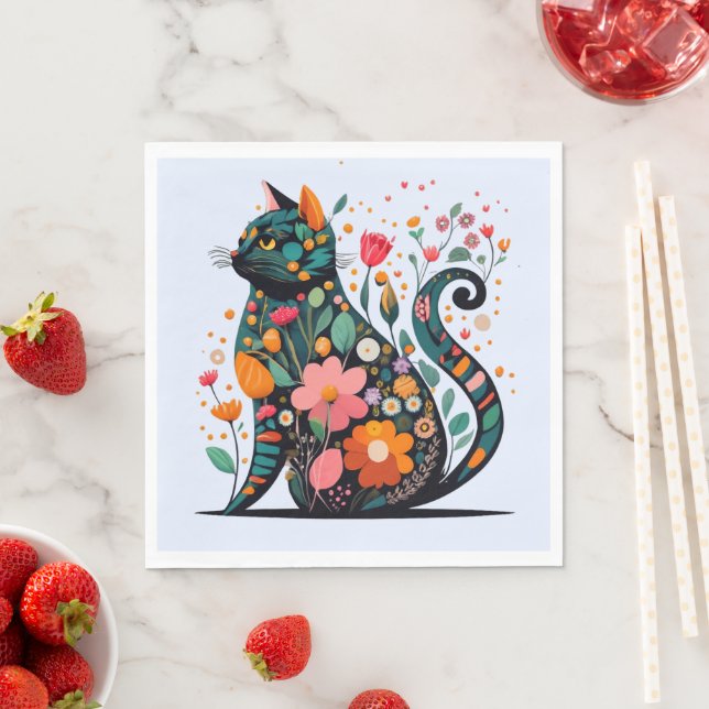 Black Cat Silhouette aus farbigen Blume Serviette (Beispiel)