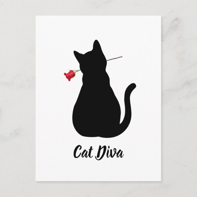 Black Cat Silhouette Diva Rote Rose Pet Lover Spaß Postkarte (Vorderseite)
