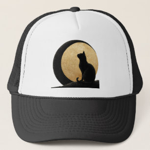 Black Cat Silhouette gegen den Goldenen Mond Truckerkappe