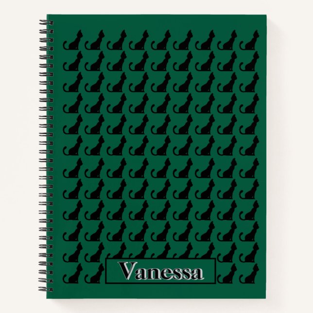 Black Cat Silhouette Notebook - Grüner Hintergrund Notizbuch (Vorderseite)
