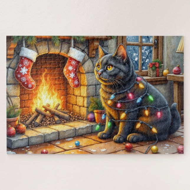 Black Cat Sitting Fireplace with Christmas Lights (Horizontal)