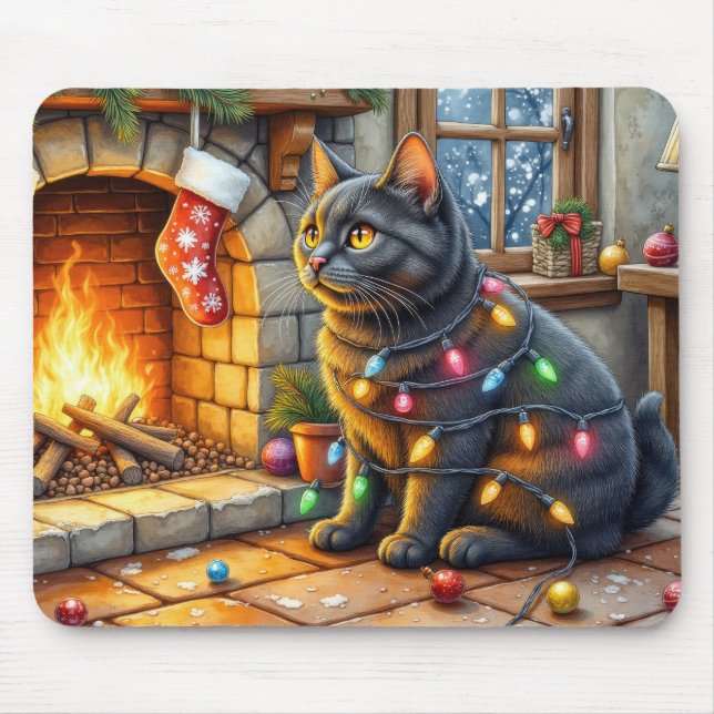 Black Cat Sitting Fireplace with Christmas Lights Mousepad (Vorne)