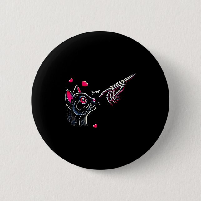 Black Cat Skeleton Hand Boop Valentine's Day Pet O Button (Vorderseite)