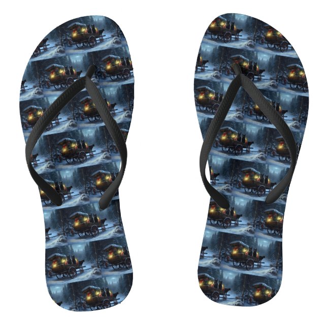 Black Cat Snowy Sleigh Ride Weihnachtsdekor Flip Flops (Fußbett)