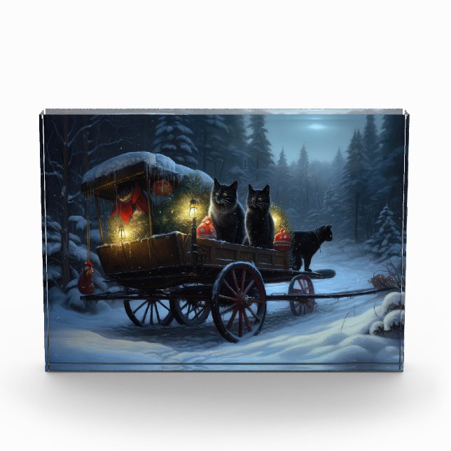 Black Cat Snowy Sleigh Ride Weihnachtsdekor Fotoblock (Vorderseite)