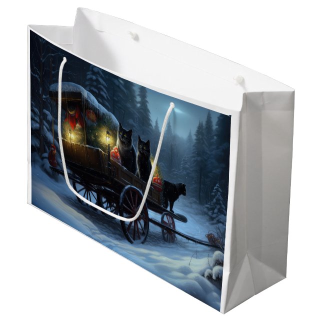 Black Cat Snowy Sleigh Ride Weihnachtsdekor Große Geschenktüte (Vorderseite Schrägansicht)