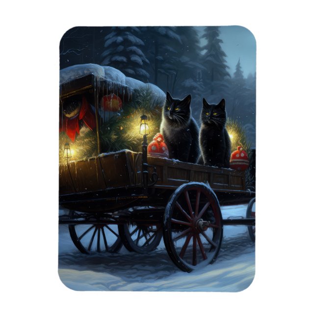 Black Cat Snowy Sleigh Ride Weihnachtsdekor Magnet (Vertikal)