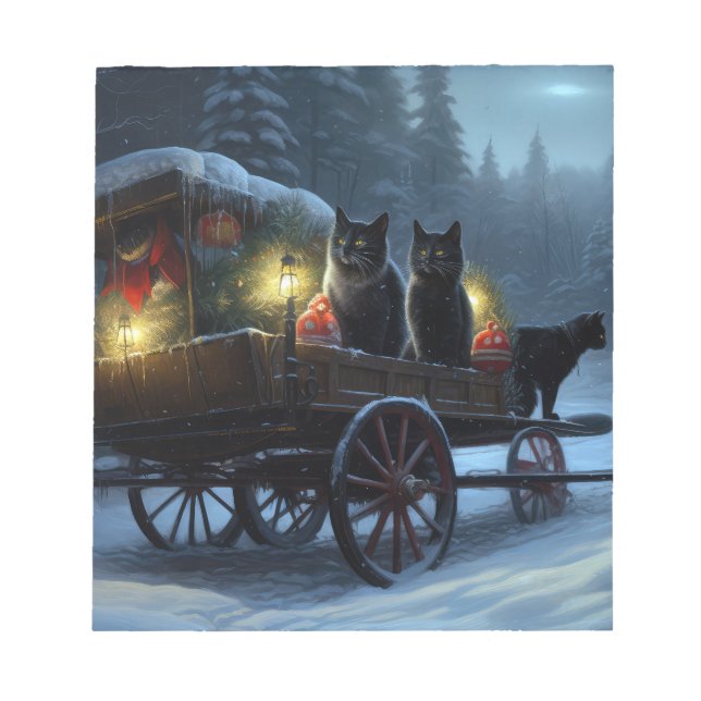 Black Cat Snowy Sleigh Ride Weihnachtsdekor Notizblock (Vorderseite)