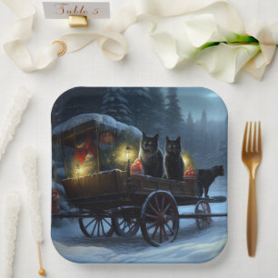 Black Cat Snowy Sleigh Ride Weihnachtsdekor Pappteller