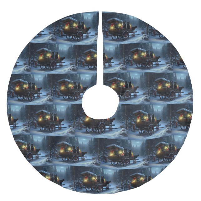Black Cat Snowy Sleigh Ride Weihnachtsdekor Polyester Weihnachtsbaumdecke (Vorderseite)