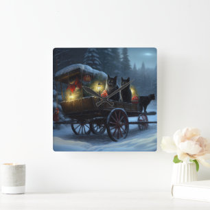 Black Cat Snowy Sleigh Ride Weihnachtsdekor Quadratische Wanduhr