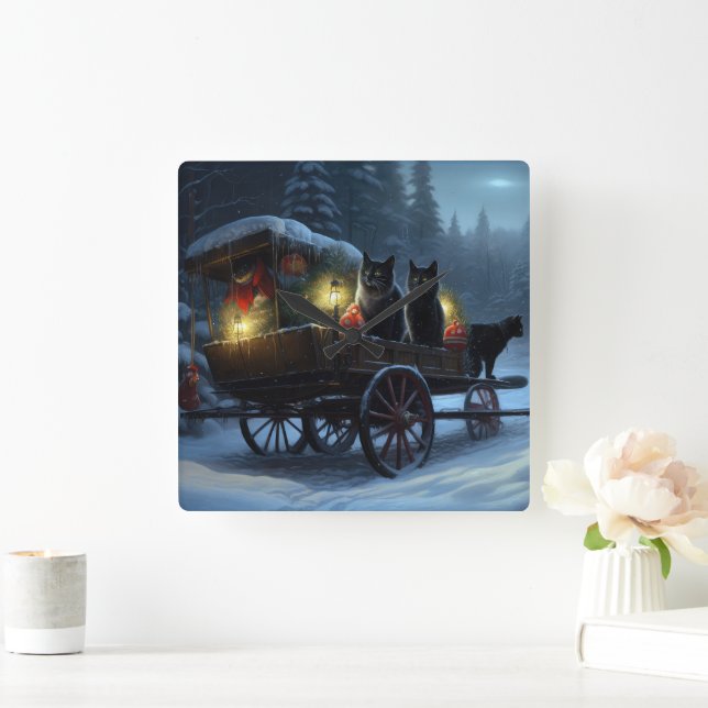 Black Cat Snowy Sleigh Ride Weihnachtsdekor Quadratische Wanduhr (Zuhause)