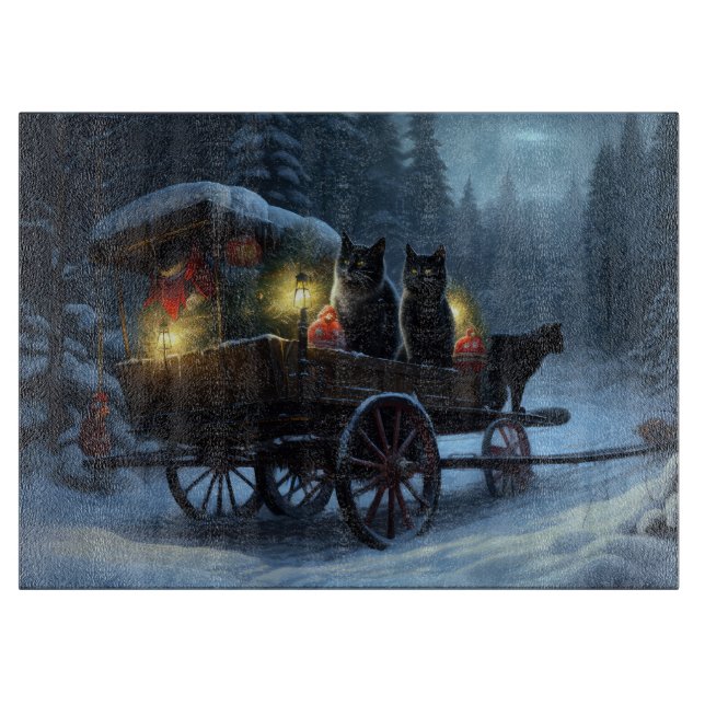 Black Cat Snowy Sleigh Ride Weihnachtsdekor Schneidebrett (Vorderseite)