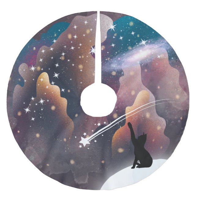 Black Cat Space Shooting Star Polyester Weihnachtsbaumdecke (Vorderseite)