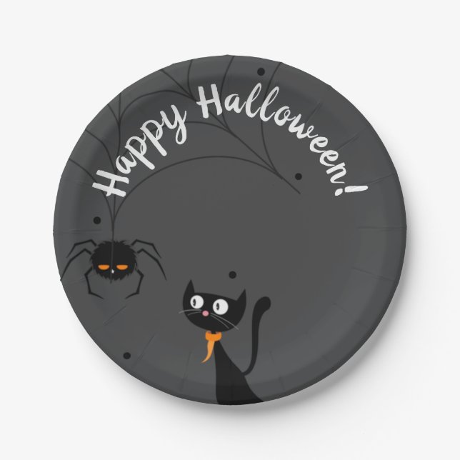 Black Cat & Spider Halloween Pappteller (Vorderseite)