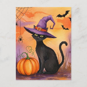 Black Cat Spiders Pumpkin Bats Halloween Postcard Postkarte
