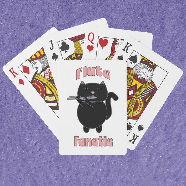 Black Cat Spielkarten (A deck of playing cards featuring a black cat playing the flute with the words Flute Fanatic.)