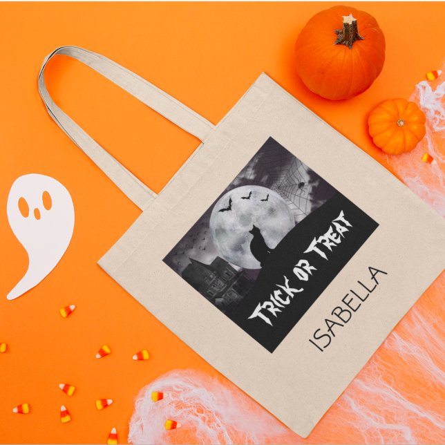 Black Cat Spooky Halloween Trick or Treat Tote Bag Tragetasche (Editable Text & Name,
Happy Halloween!)