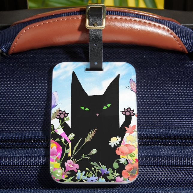 Black Cat Spring Fever:  Kitty and Flowers Gepäckanhänger (Vorderseite Insitu 2)