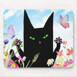 Black Cat Spring Fever:  Kitty and Flowers Mousepad