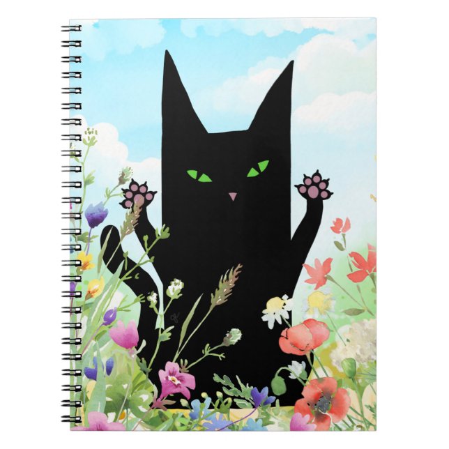 Black Cat Spring Fever:  Kitty and Flowers Notizblock (Vorderseite)