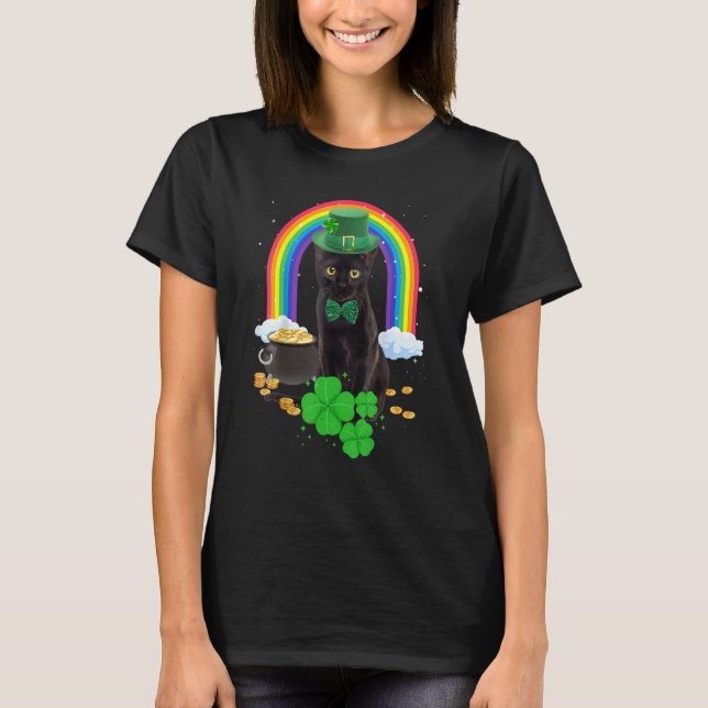 Black Cat St Patricks Day Leprechaun Kostüm Shamr T-Shirt (Vorderseite)