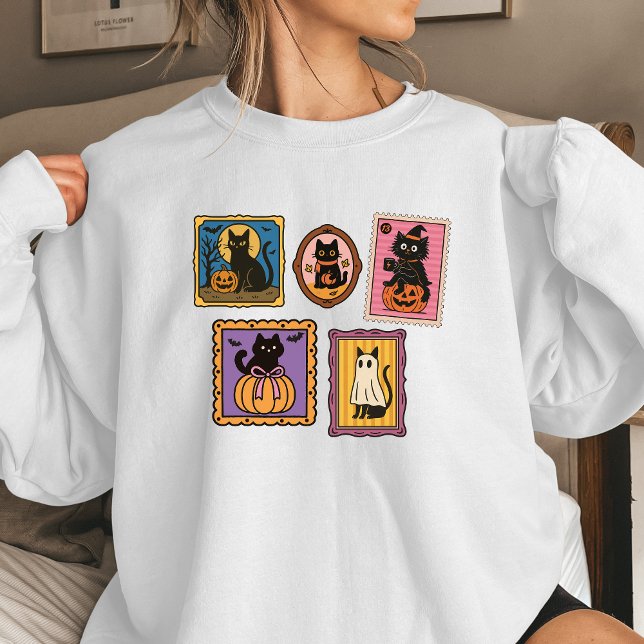 Black Cat Stamps Women’s Halloween Sweatshirt | Cu (Black cat stamps sweatshirt, Halloween)