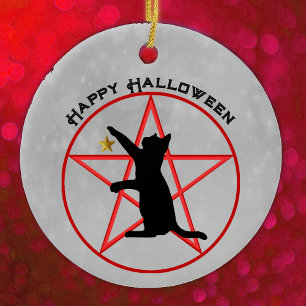 Black Cat Star Happy Halloween Pentagramm Grau Keramik Ornament